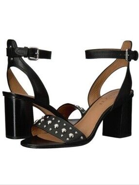 Coach Paige Black Leather Silver Stud Ankle Strap Heels